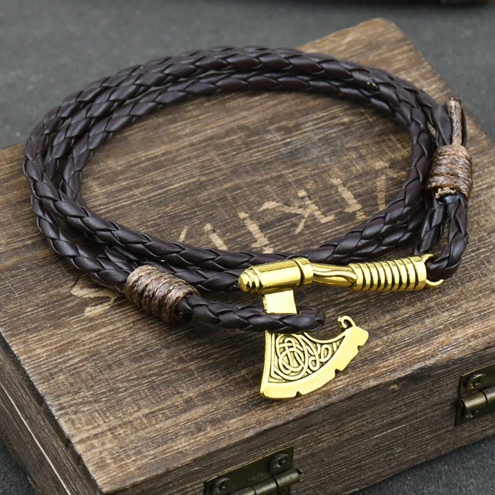 Viking Bracelet Hatchet Braided Leather Jewelry