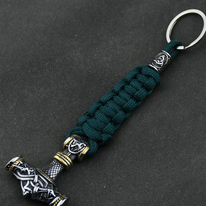 Thor's Hammer Vikings Keychain Rune Braided Lanyard Stainless Steel Valknut