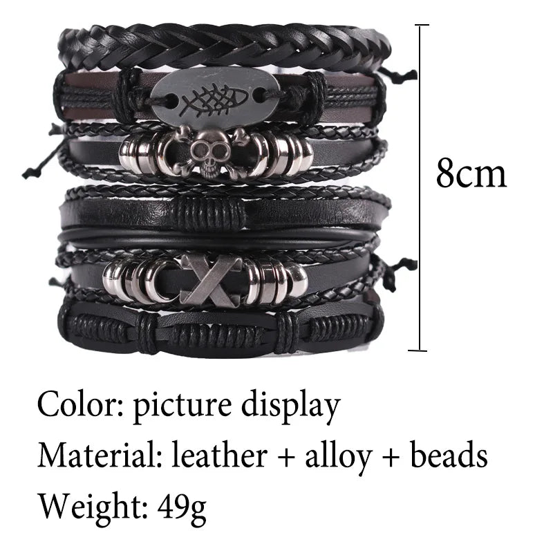 Viking Bracelet Woven Skull Jewelry Adjustable Leather