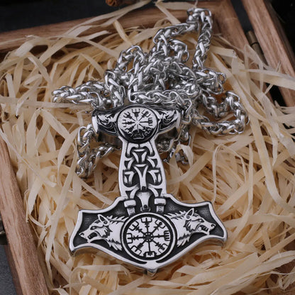 Stainless Steel Viking Thor's Hammer Mjolnir Wolf Head and Norse Rune Necklace