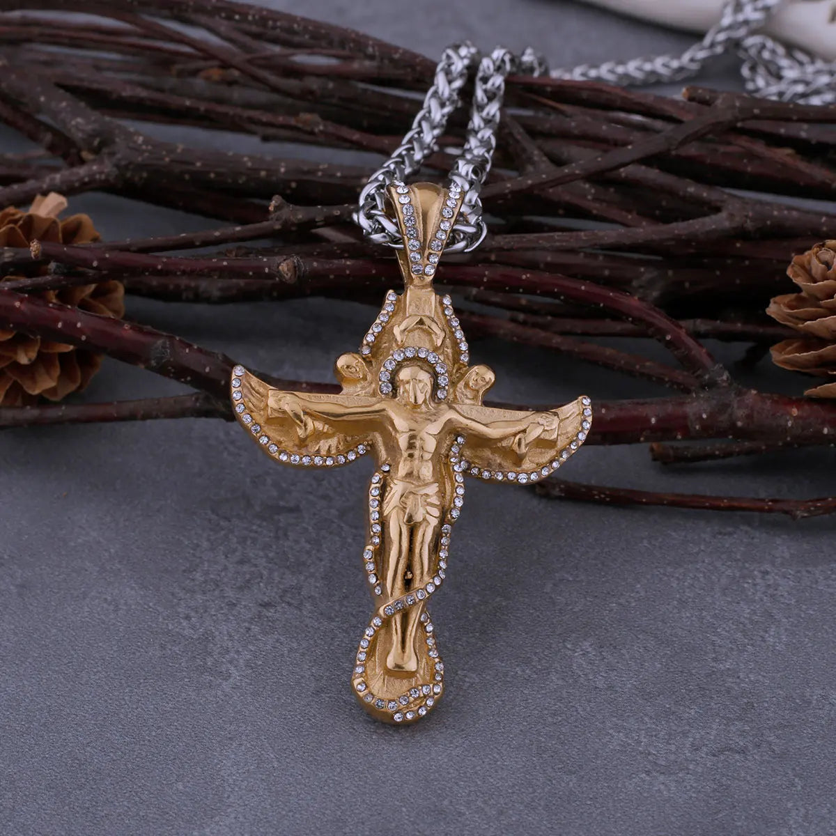 Gold Vintage Christian Cross Zircon Viking Necklace