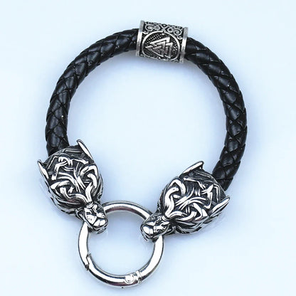 Stainless Steel Wolf Head Bracelets Viking Rune beads Leather