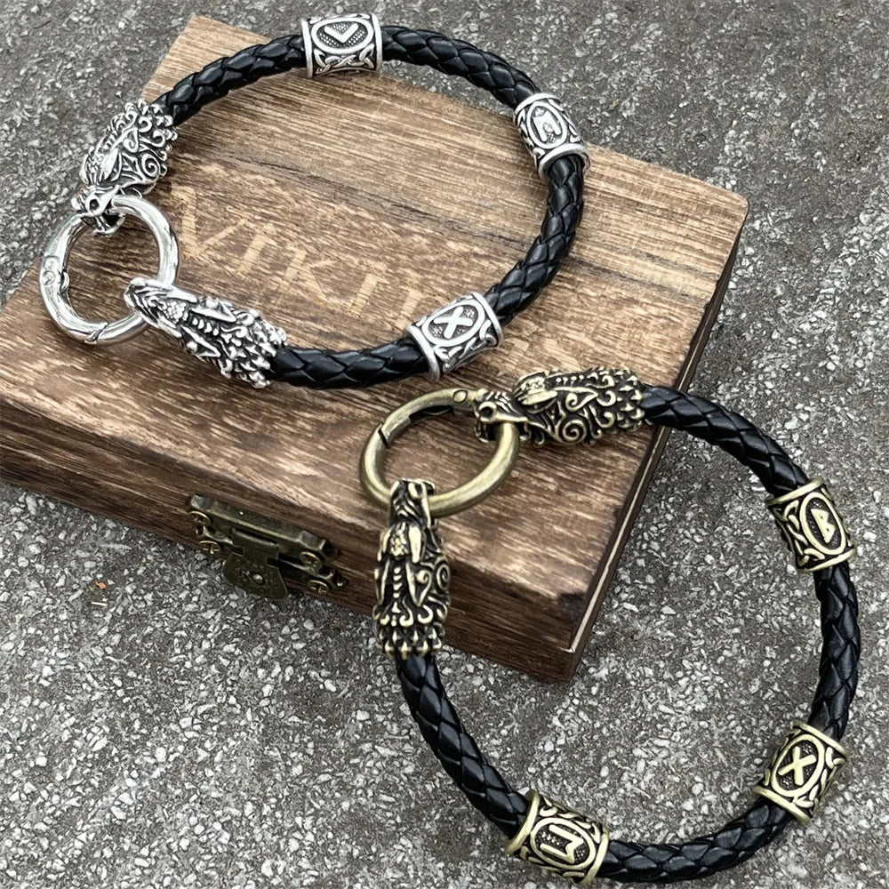 Viking Dragon Heads Nordic Runes Beads Leather Bracelet