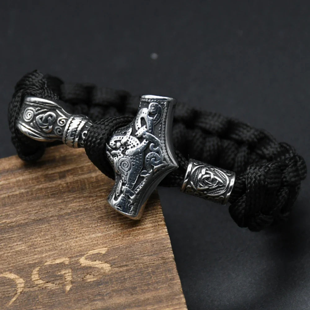 Stainless Steel Viking Thors Hammer Bracelets Paracord Nordic Mjolnir