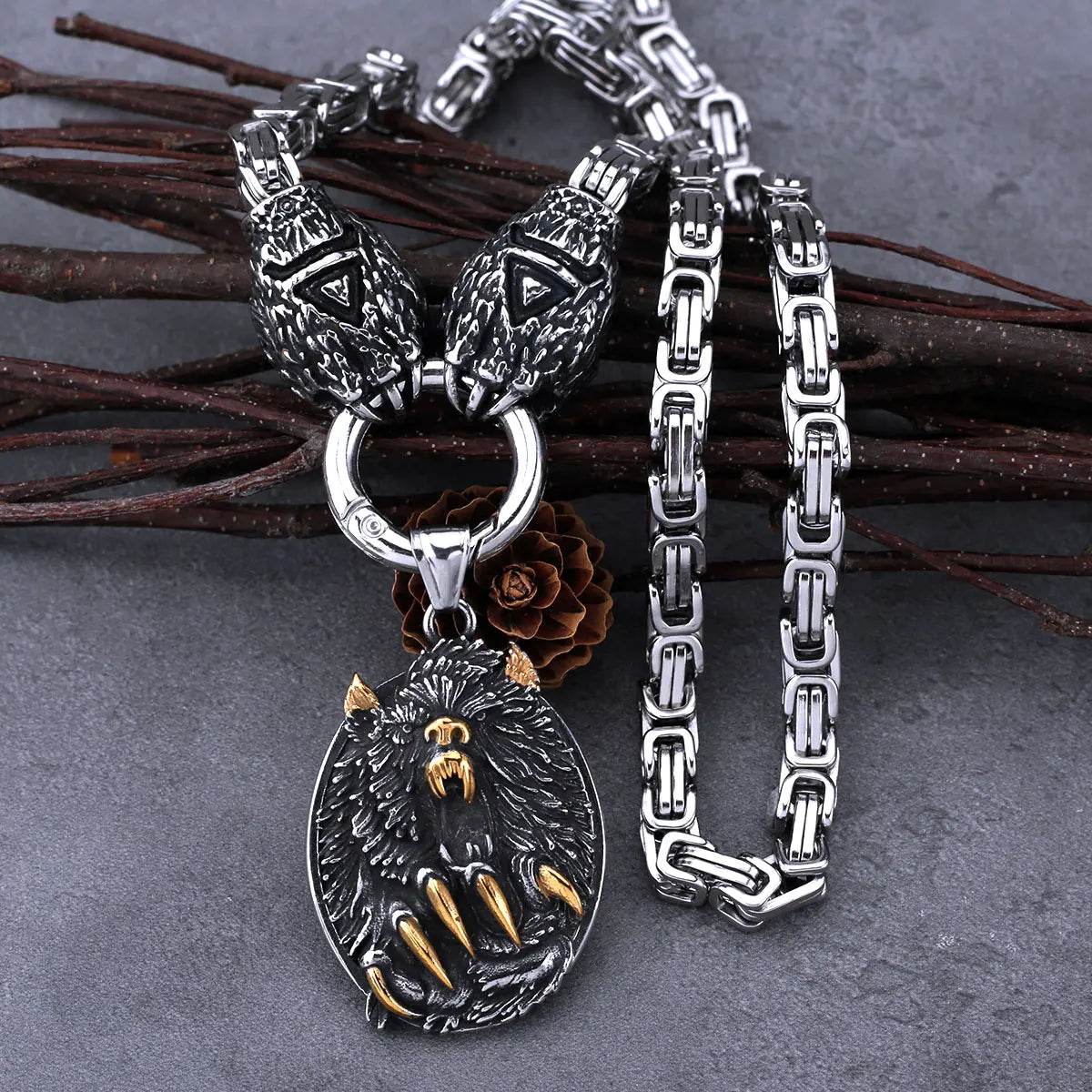 Viking Wolf Head Bear Claw Necklace