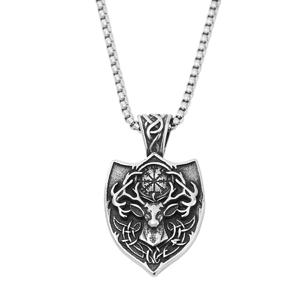 Nordic Deer Head Stainless Steel Viking Compass Necklace