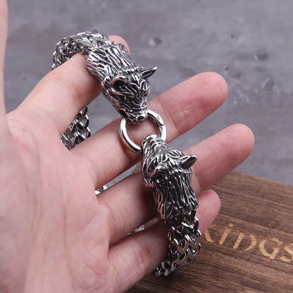 Duoble Wolf Head Charm Viking Bracelet