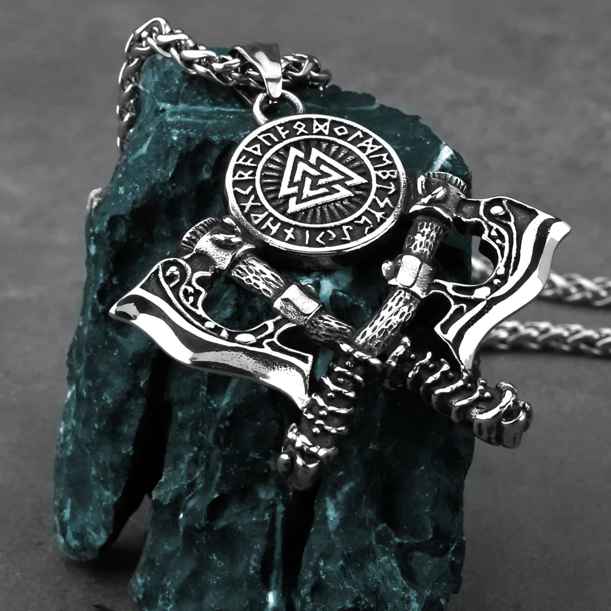 VIKING NECKLACE WITH DOUBLE AXE, VALKNUT & NORDIC RUNE AMULET PENDANT