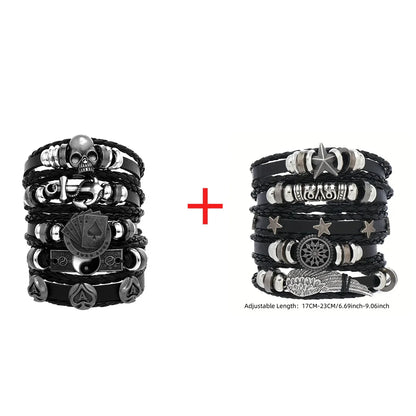 Viking Bracelet Woven Skull Jewelry Adjustable Leather