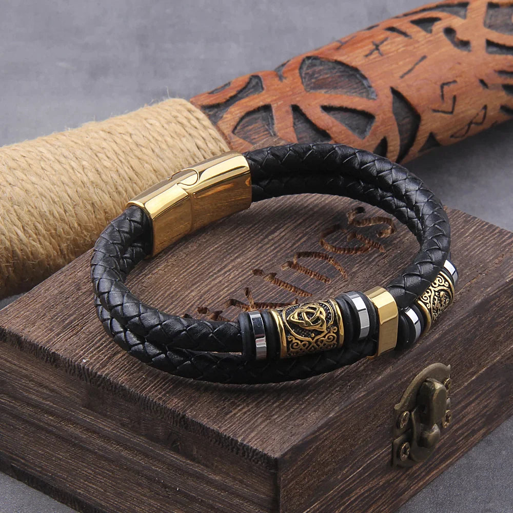 Punk Genuine Leather Braided Multilayer Stainless Steel Norse Runes Bead Viking Bangle