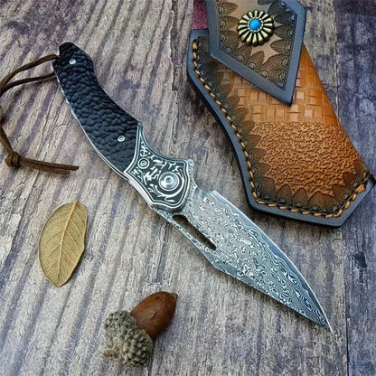 Folding Knife Damascus Steel Blade Ebony Handle