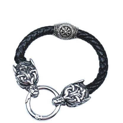 Stainless Steel Wolf Head Bracelets Viking Rune beads Leather