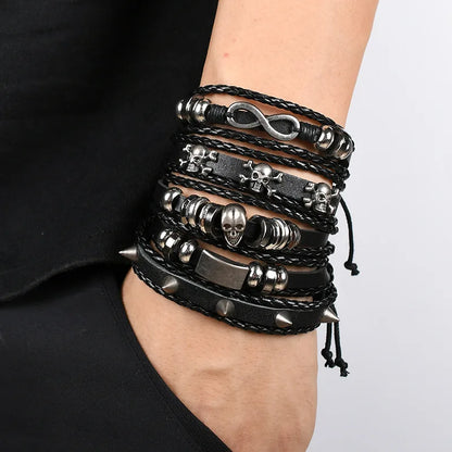 Viking Bracelet Woven Skull Jewelry Adjustable Leather