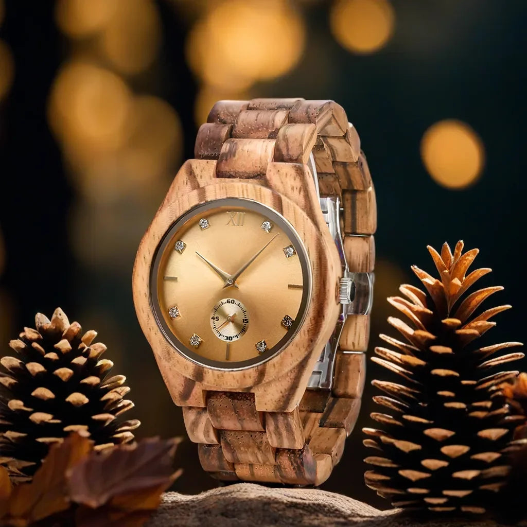 Women's Simulated Diamond Dial Wooden Clock Fashion Anniversary Personalized Viking Watch