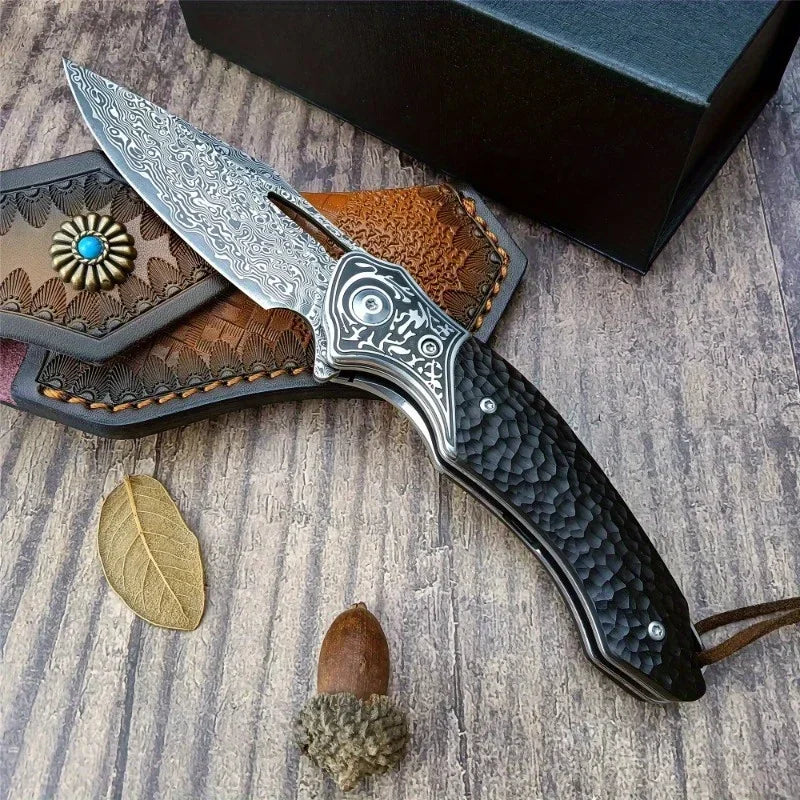 Folding Knife Damascus Steel Blade Ebony Handle