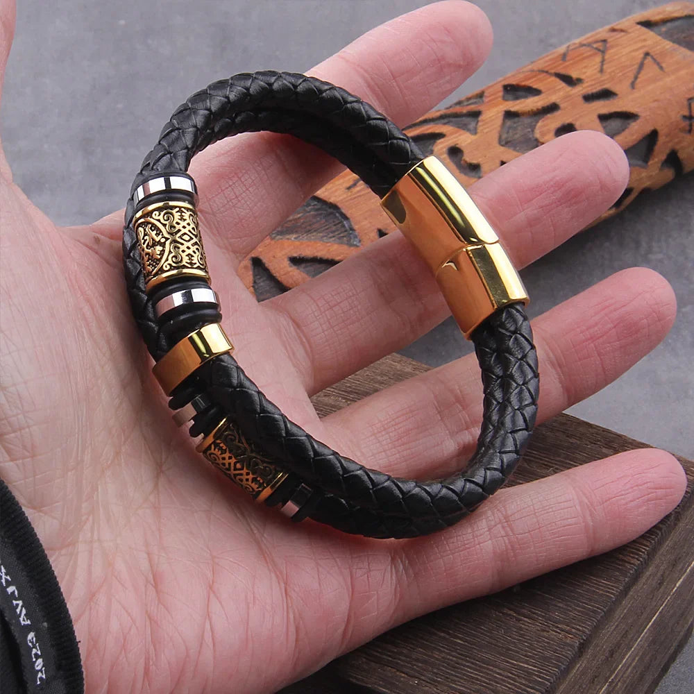 Punk Genuine Leather Braided Multilayer Stainless Steel Norse Runes Bead Viking Bangle