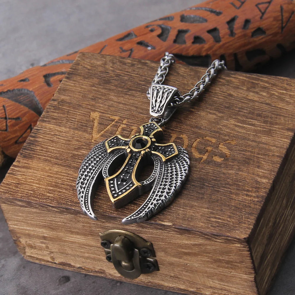 Gold Plated Cross And Silver Wings With Black Stone Pendant Viking Necklace