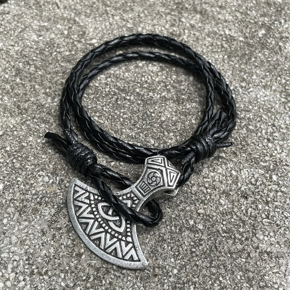 Viking Axe Charm Wolf Raven Amulet Slavic Kolovrat Norse Leather Braided Wrap Bracelet