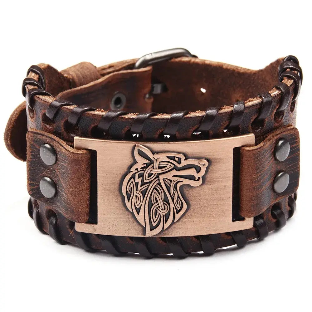 Viking Leather Braided Bracelet Celtic Wolf Head