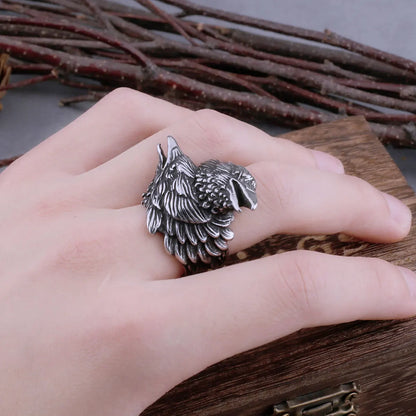 Raven Defend Odin Scandinavian Charm Stainless Steel Viking Ring