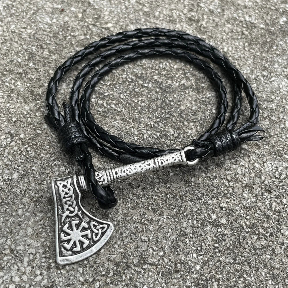 Viking Axe Charm Wolf Raven Amulet Slavic Kolovrat Norse Leather Braided Wrap Bracelet