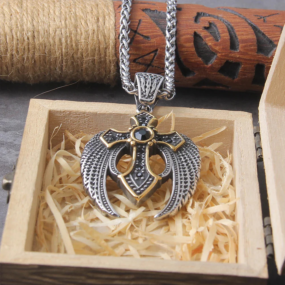 Gold Plated Cross And Silver Wings With Black Stone Pendant Viking Necklace