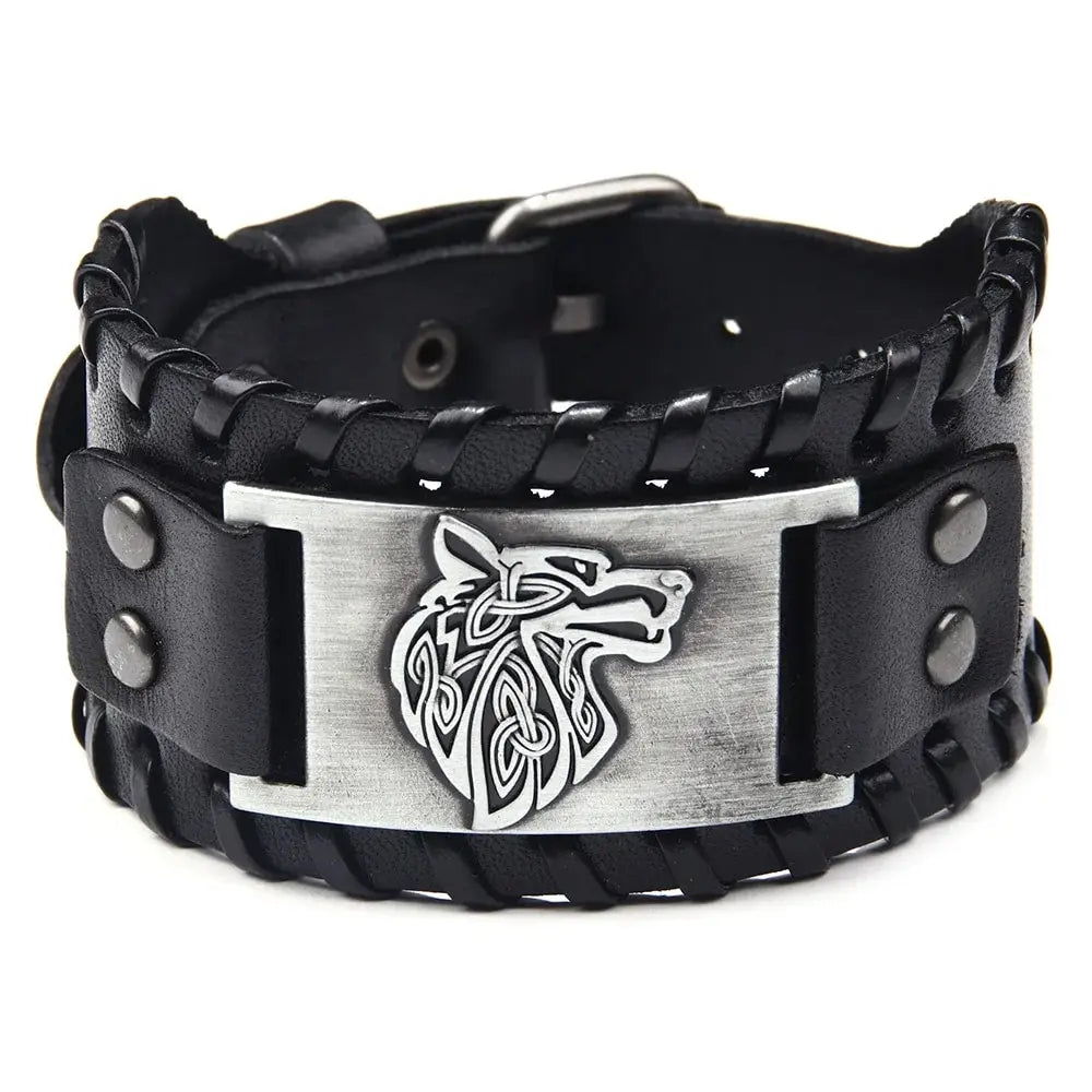 Viking Leather Braided Bracelet Celtic Wolf Head