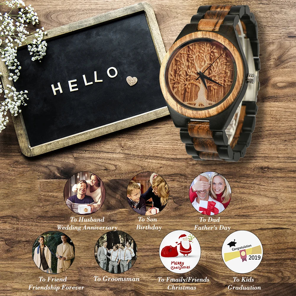 Lucky Tree Of Life Chronograph Fashion Hummingbird Dial Wood Quartz Wrist Viking Watch