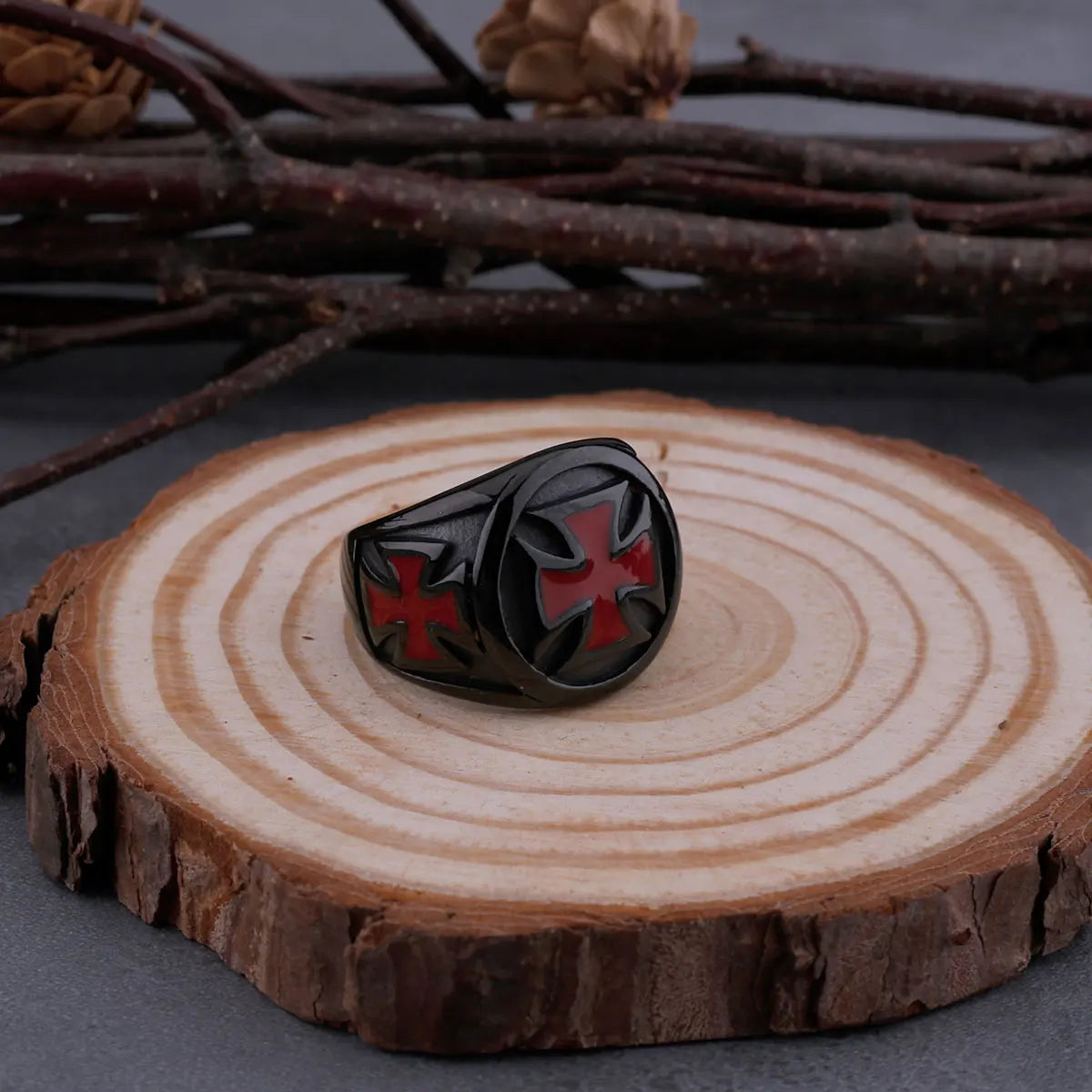 Christian Religious Red Cross Black Viking Ring