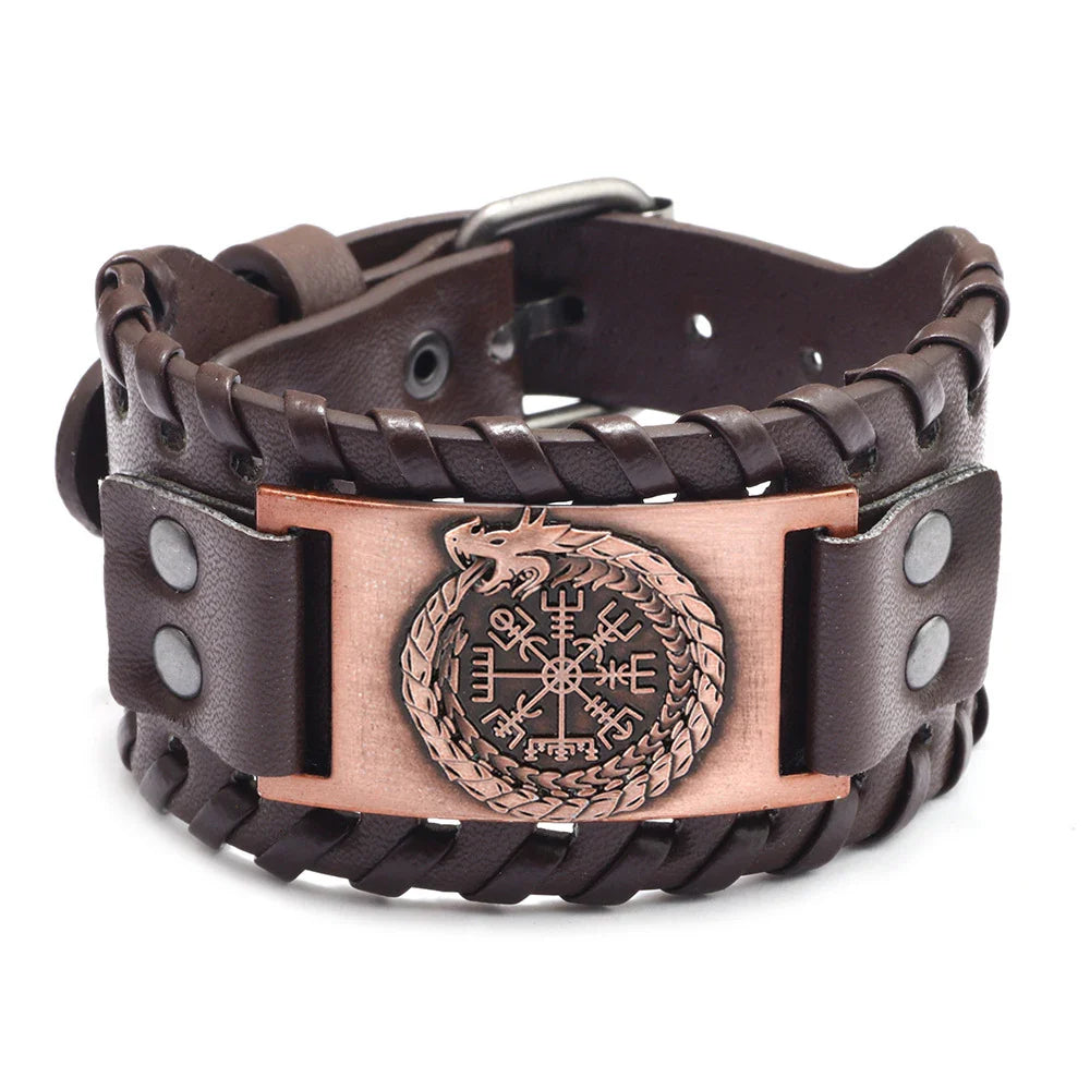 Viking Wide Leather Compass Bracelet