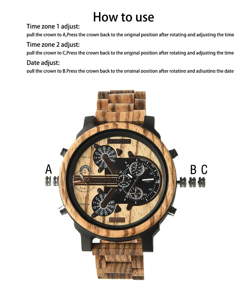 Big Face Large Wood Fashion Quartz Wristwatches Strap Dress Dual Clock Wooden Viking Watch