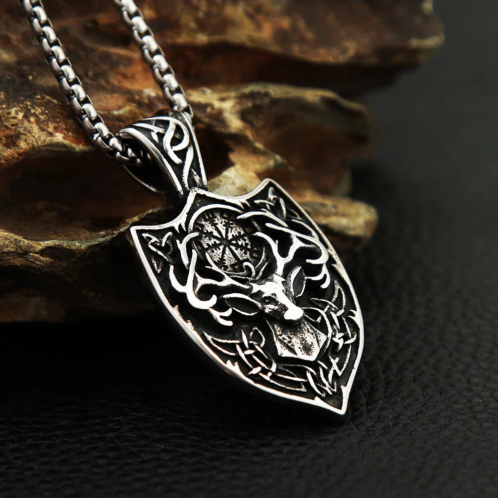 Nordic Deer Head Stainless Steel Viking Compass Necklace