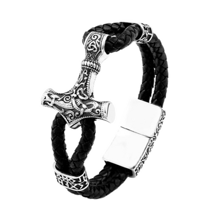 Thor's Hammer With Runes Leather Bracelet