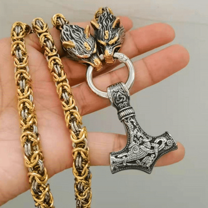 Gold Trimmed King Chain With Twin Wolf Heads Holding Mjolnir Pendant