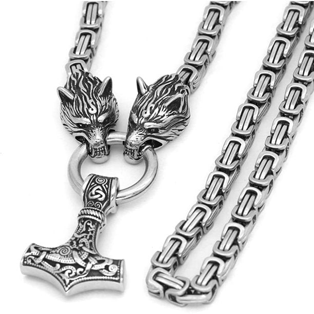 King Chain With Mjolnir Pendant Held By Wolves Heads