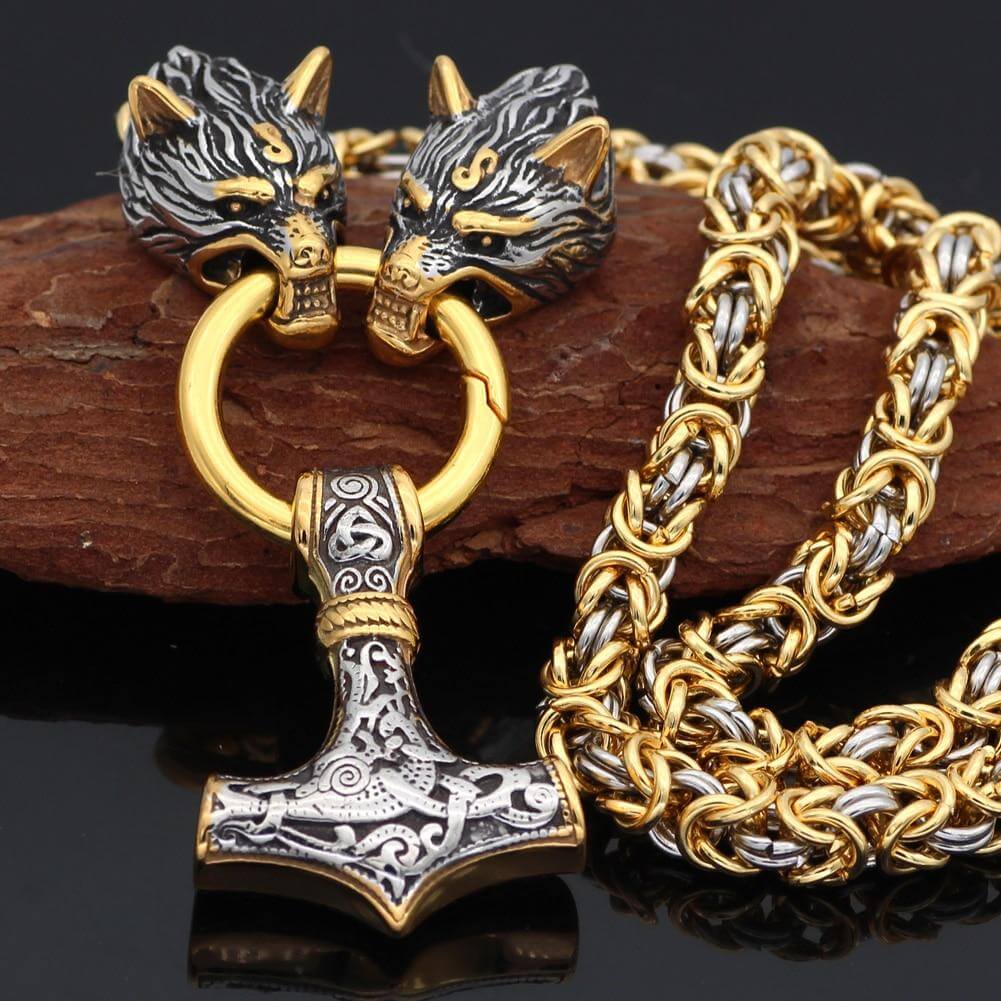 Gold Trimmed King Chain With Twin Wolf Heads Holding Mjolnir Pendant