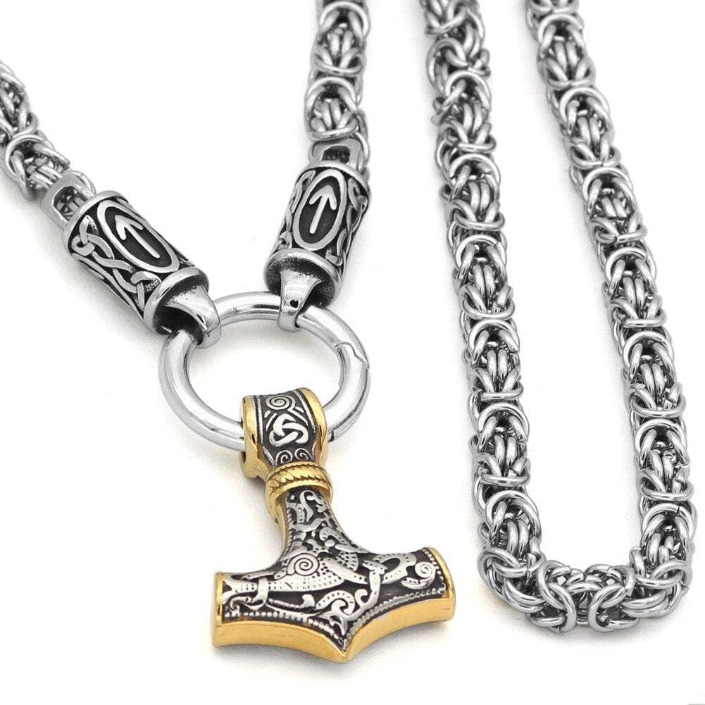 Braided King Chain With Runes And Gold Trimmed Mjolnir Pendant