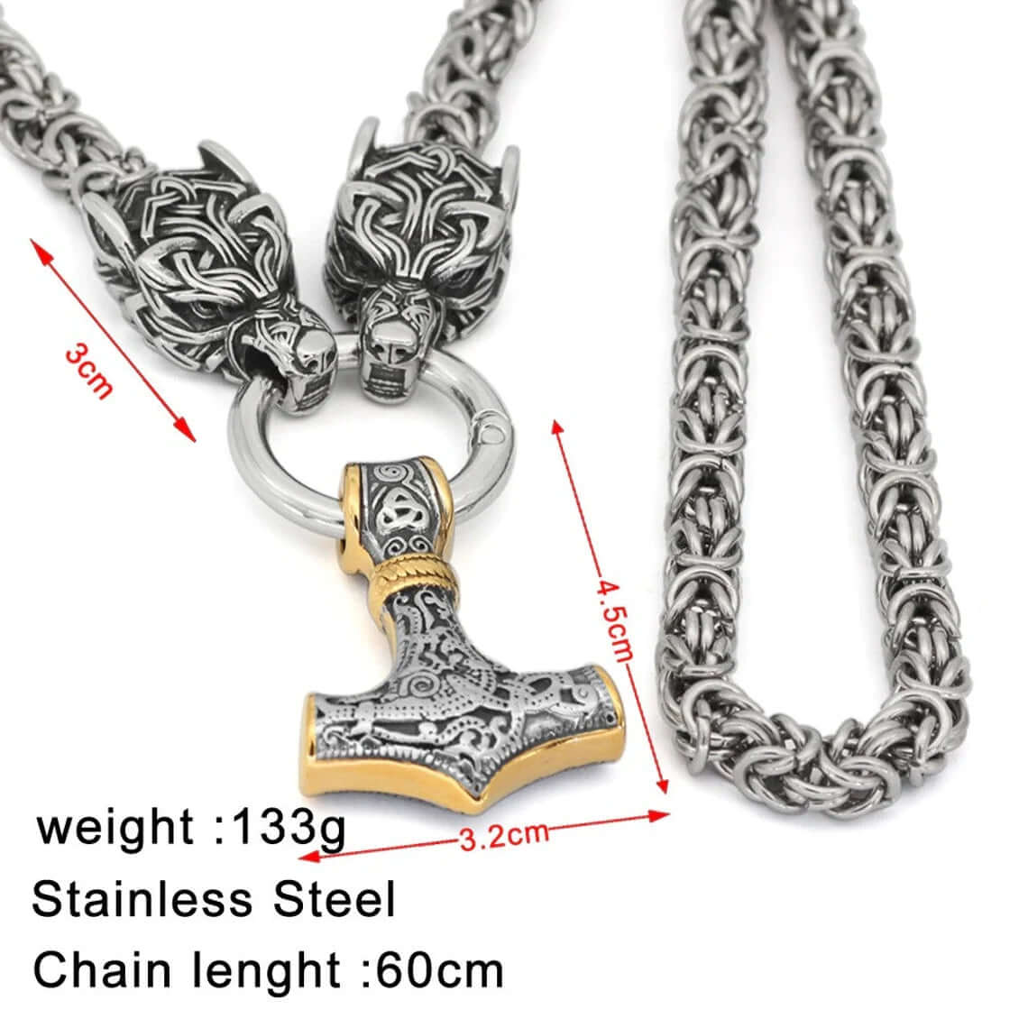 Braided King Chain With Twin Wolf Heads Holding A  Mjolnir Pendant