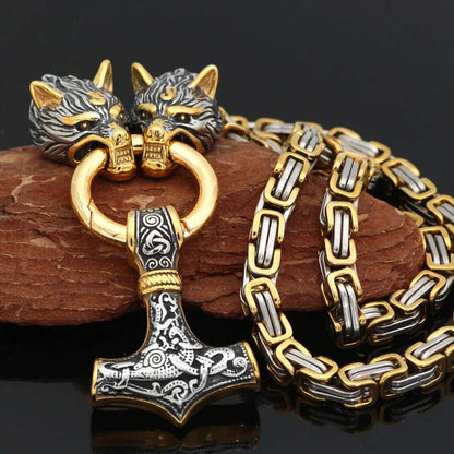 Gold Trimmed King Chain With Twin Wolf Heads Holding Mjolnir Pendant