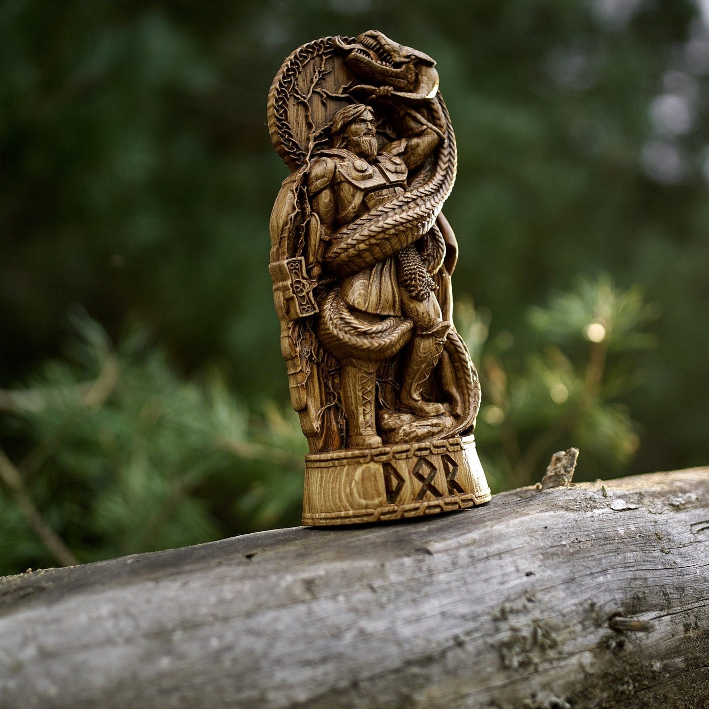 Thor And Jormungand In Battle, Norse God Wooden Sculpture