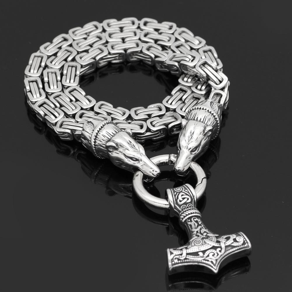 King Chain With Two Bear Heads Holding Mjolnir Pendant