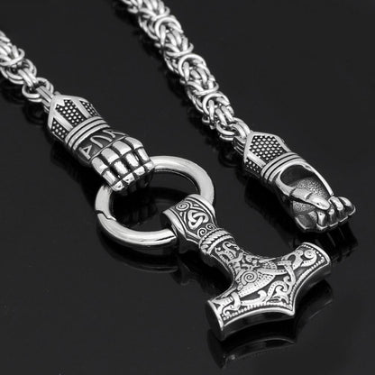 Braided King Chain With Berserker Holding Thor's Mjolnir Pendant