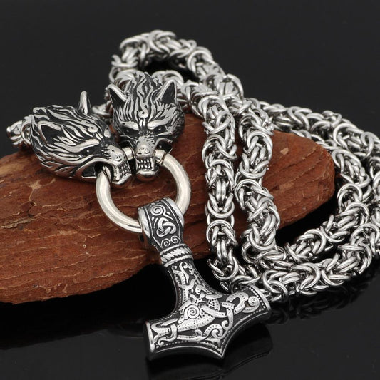 King Chain With Mjolnir Pendant Held By Wolves Heads