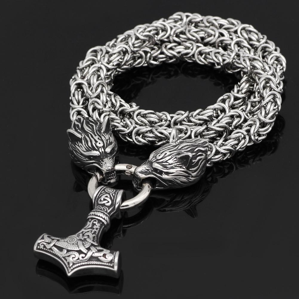 King Chain With Mjolnir Pendant Held By Wolves Heads