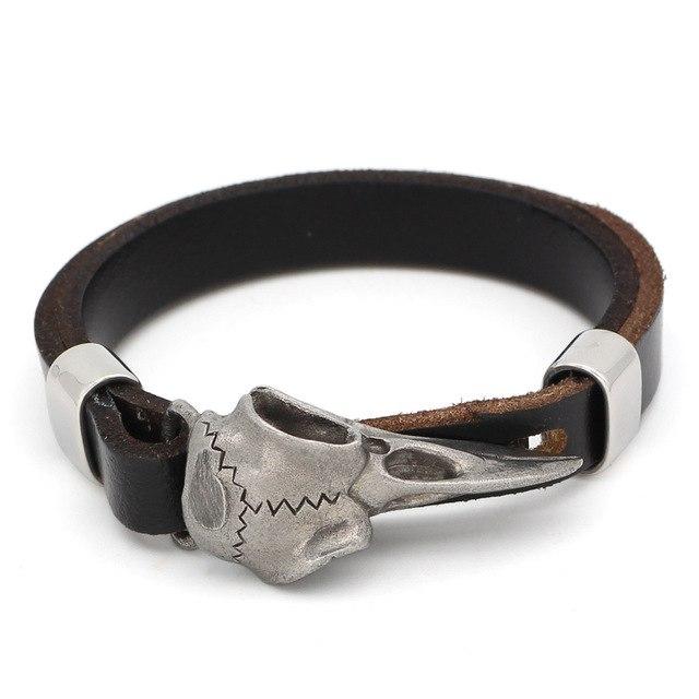 Raven Skull Leather Viking Bracelet