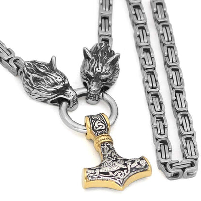 King Chain With Twin Wolf Heads & Gold Trimmed Mjolnir Pendant