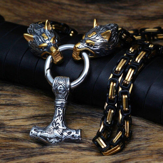 Gold And Black Trimmed King Chain With Wolves Biting The Ring Holding A Mjolnir Pendant