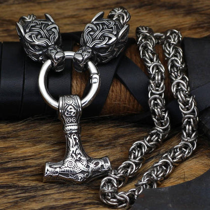 Braided King Chain With Twin Wolf Heads Holding A  Mjolnir Pendant