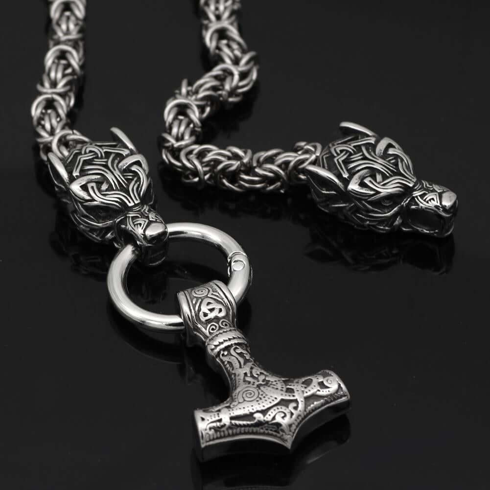 Braided King Chain With Twin Wolf Heads Holding A  Mjolnir Pendant