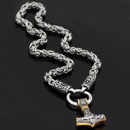 Braided King Chain With Runes And Gold Trimmed Mjolnir Pendant